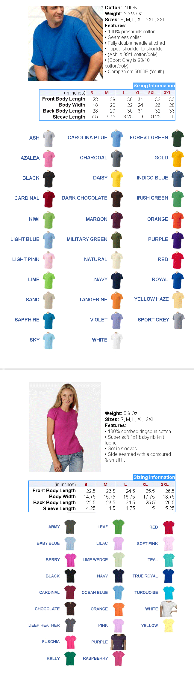 Men's Tshirt Sizes and Colors Men's Tshirt Size and Colors